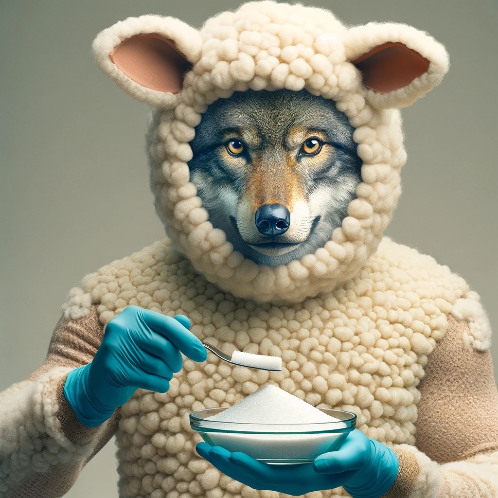 A wolf in sheep's clothing holding a bowl and a spoonful of sugar